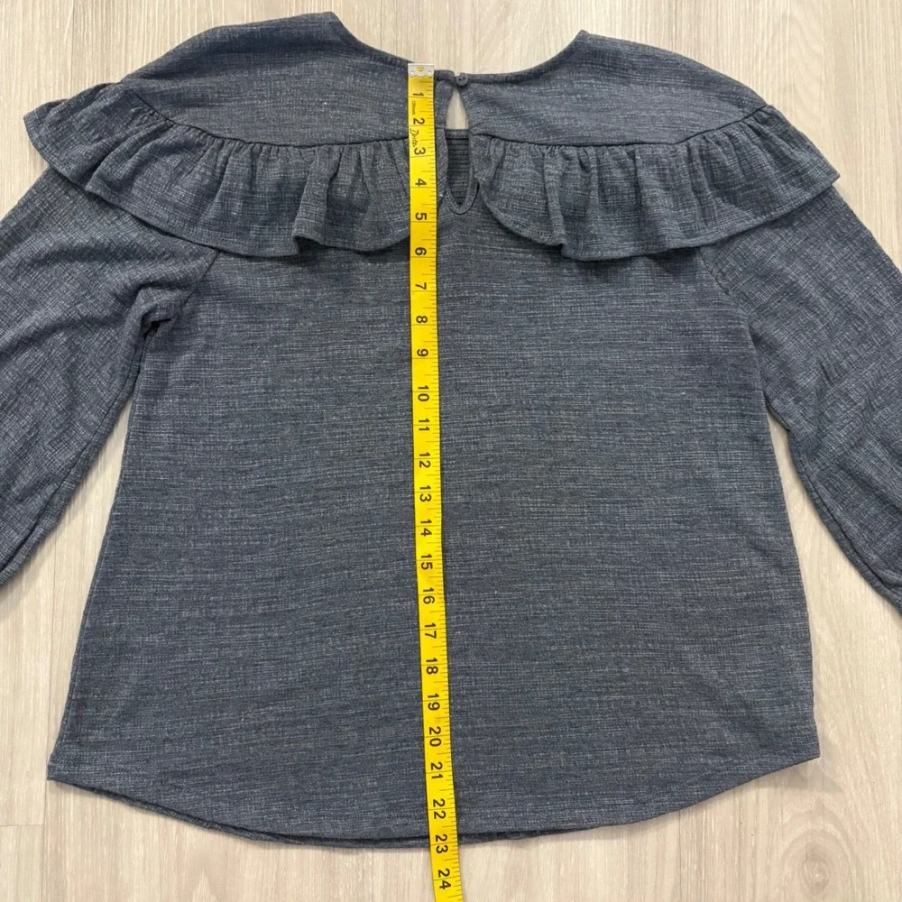 Free People Top Women Gray Ruffle Yoke 3/4 Sleeve Knit Charcoal Slub Textured M